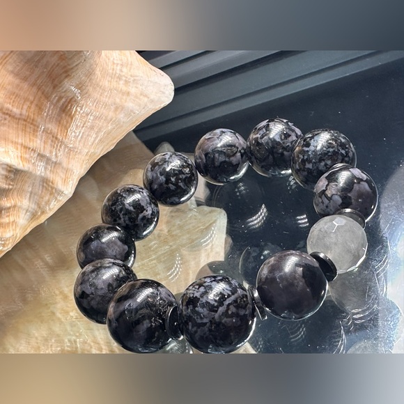 INDIGO GABBRO + GREY RUTILATED QUARTZ   STONES NATURAL BRACELET 7 - Picture 6 of 15